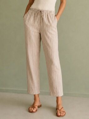 H&M Linen Cotton Blend Pull-On Striped Pants Beige White Coastal Minimalist XS